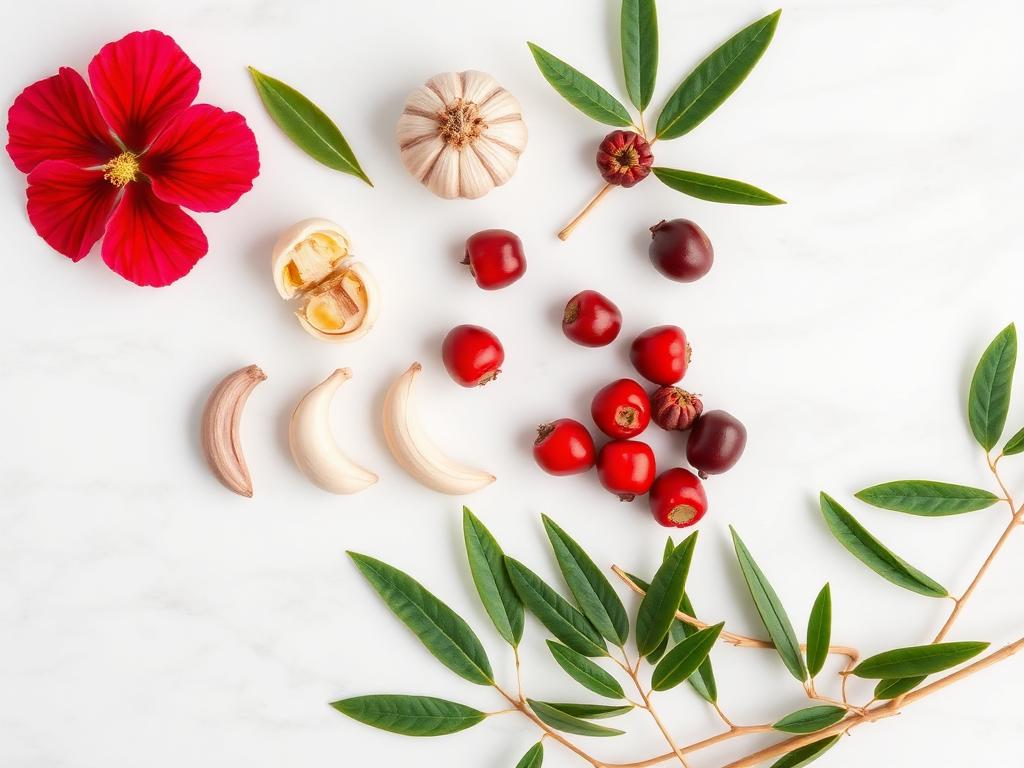 Natural ingredients: hibiscus, garlic, hawthorn, olive leaf